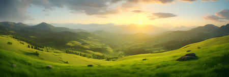 The sun is setting over a green valleyの素材