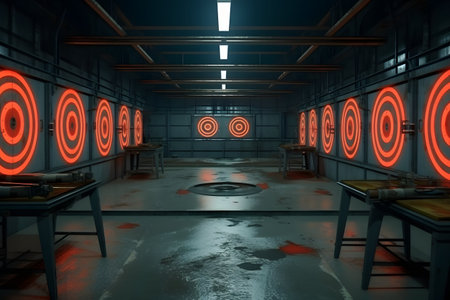 Gun shooting practice room with aims symbol on wallsの素材