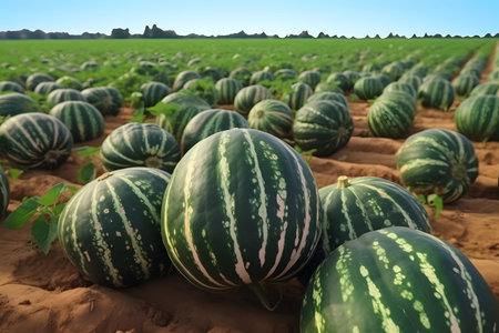 A field full of watermelons with green leavesの素材