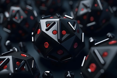 A bunch of black and red dices on a tableの素材