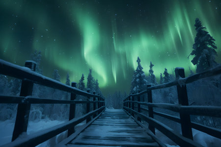 Aurora Borealis lights over snow-covered bridge in a winter landscapeの素材