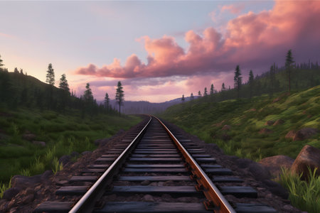 A train track running through a lush green forestの素材