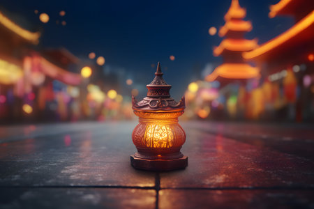 A charming lantern illuminating a peaceful sidewalk at nightの素材