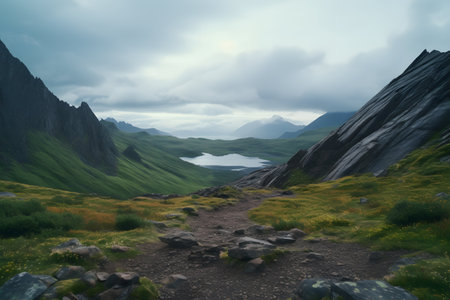 A path leading to a lake surrounded by mountainsの素材