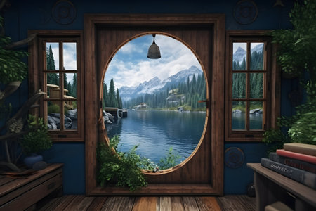 An open door with a view of a lakeの素材