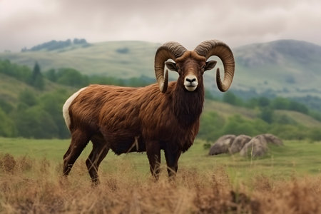 A ram standing in a grassy field with mountains in the backgroundの素材
