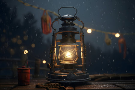 A lantern lit up on a table in the rainの素材