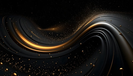 A black background with gold swirls and bubblesの素材