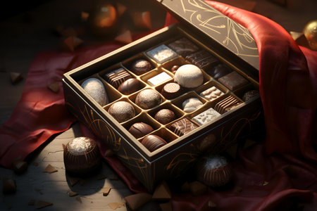 A box of chocolates sitting on top of a tableの素材