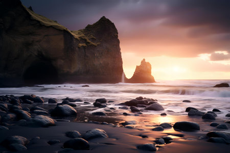 The sun is setting over the ocean with rocks in the foregroundの素材