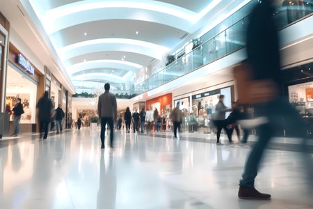 A blurry photo of people walking through a mallの素材