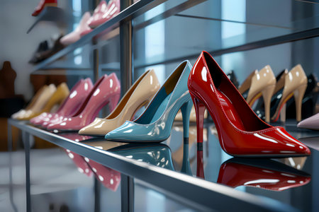 Row of women's high heels shoes in storeの素材