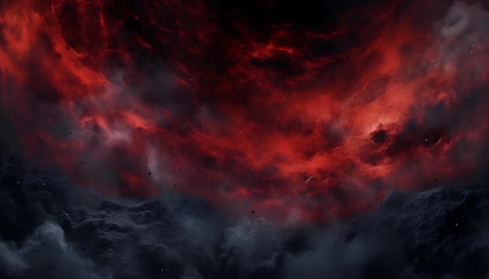 Dark red and black sky filled with swirling clouds and smoke backgroundの素材