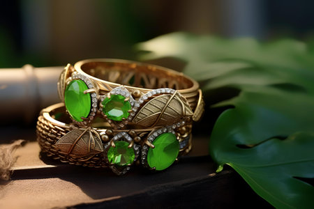 Two gold bracelets for women. Traditional bangles with green gems.の素材