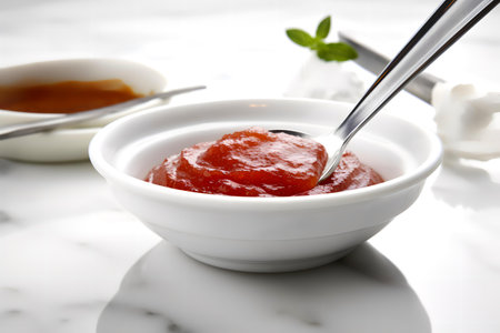A bowl of sauce with a spoon in itの素材