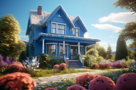 Charming blue house nestled among a green garden of blooming flowers and lush treesの素材