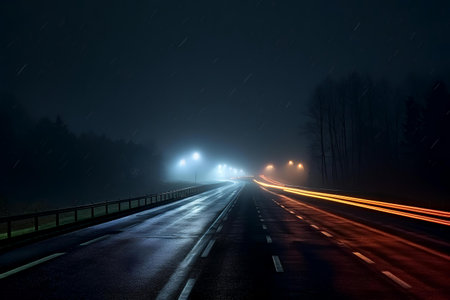 A long road with some lights on at nightの素材