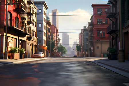 Wet street road in the middle of tall buildings city areaの素材