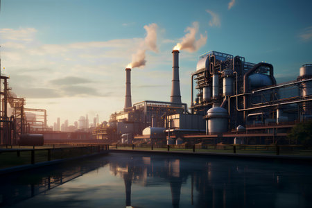 Industrial factory near lake emitting pollutionの素材