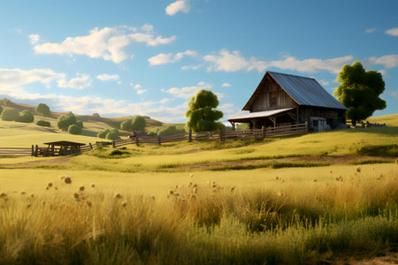 Green farmhouse nestled on a hilltopの素材