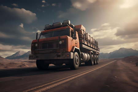 A large truck driving down a desert roadの素材