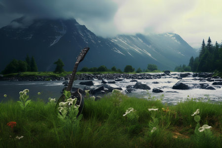 A guitar sitting in the grass next to a riverの素材