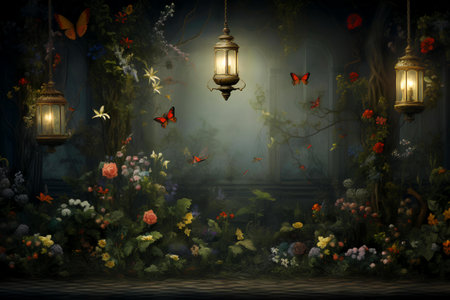 A painting of a garden with butterflies and a lanternの素材
