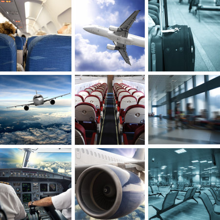 Collage of airport and airplane photosのeditorial素材