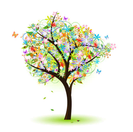 Colorful tree with flower butterfly and ladybugのイラスト素材