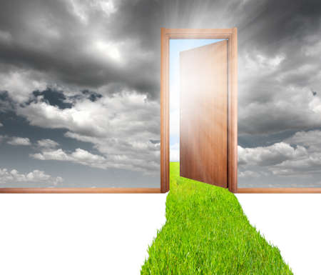 Open door at the green environmentの写真素材