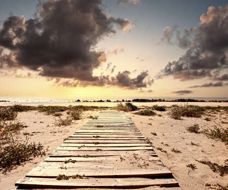 Wooden bridge at sunrise sunlight