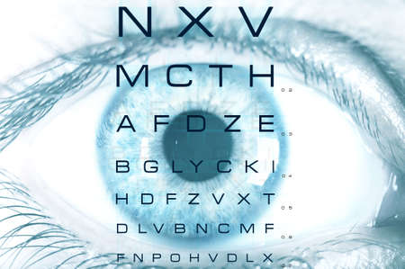 Eye macro with test vision chartの写真素材