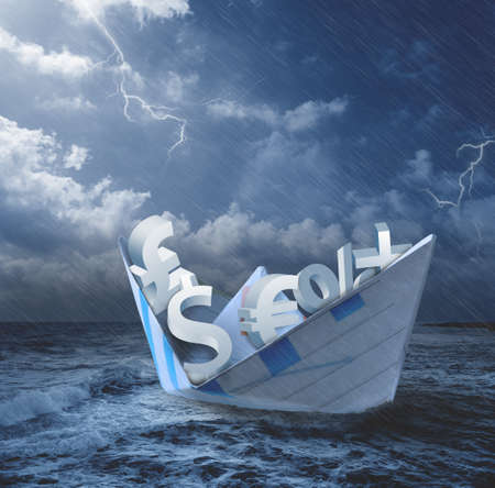 Collapse of economy concept with money symbols on the boatの写真素材
