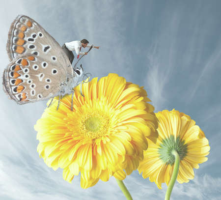 Businessman who wants to run away with a butterflyの写真素材