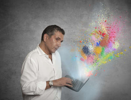 Concept of businessman and creative technology with laptopの写真素材