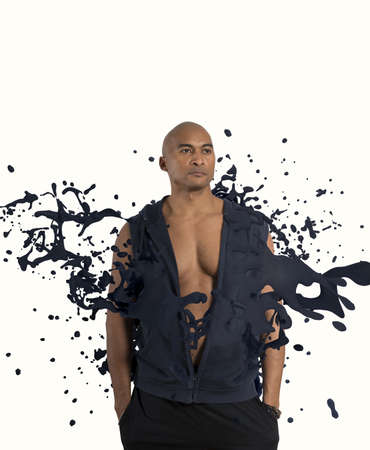 Concept of fitness with black man and sprayの写真素材