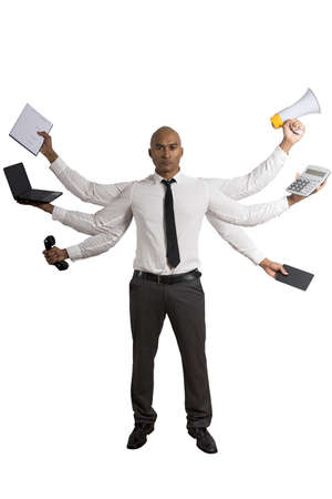Concept of multitasking businessman on white backgroundの写真素材