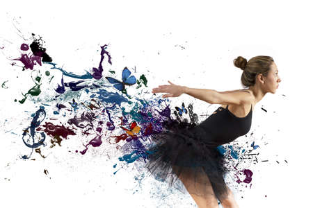 Girl dancing with motion effect on white backgroundの写真素材