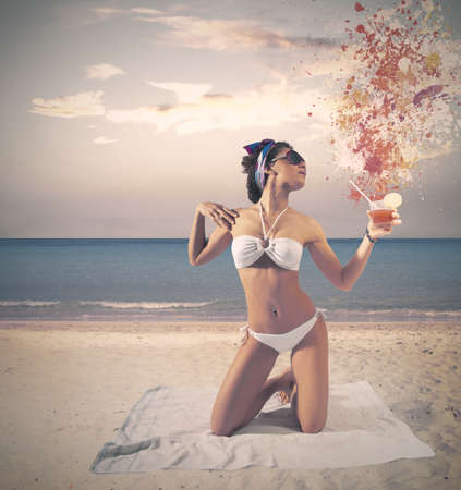 Concept of vintage girl at the beachの写真素材