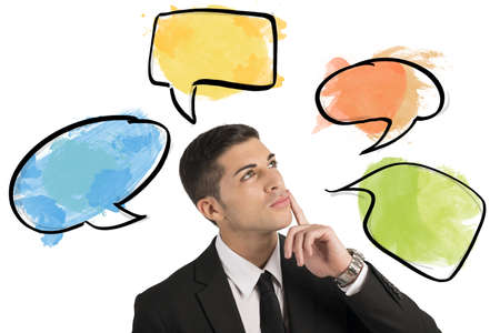 Chat and social network concept with thinking businessmanの写真素材