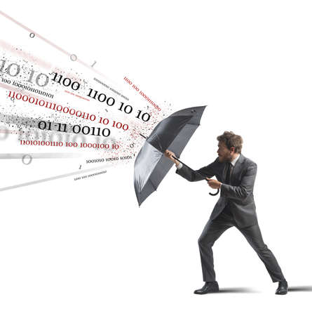 Antivirus and firewall concept with businessman and umbrella