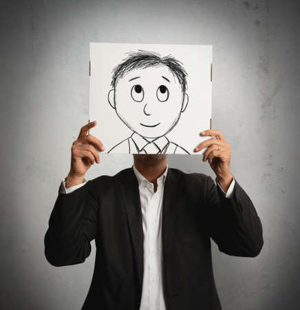 Optmist businessman with cartoon smiling designed on a sheetの写真素材