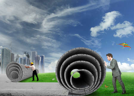 Give space to nature concept. Change gray of pollution with green field