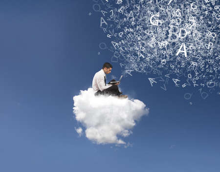 Internet and social network concept with businessman on a cloud