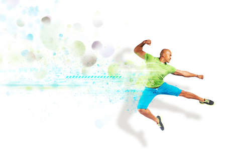 Modern dancer jumping with digital futuristic effectの写真素材