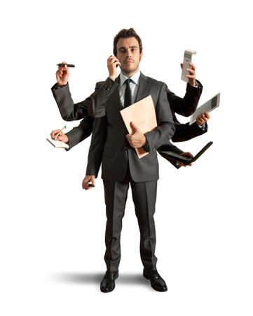 Concept of multitasking with businessman who carries out various operations