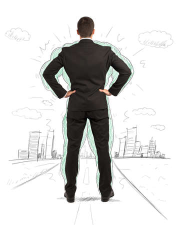 Concept of power of a businessman with drawing of a musclesの写真素材