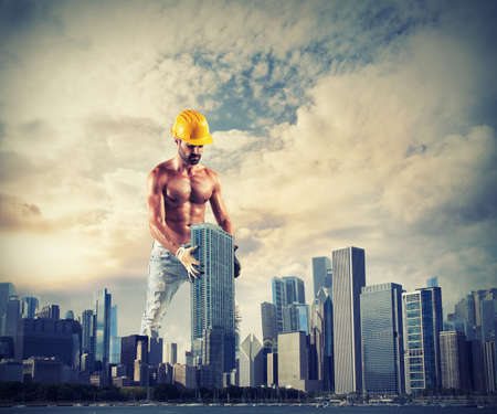 Concept of build great works with sexy mason at workの写真素材