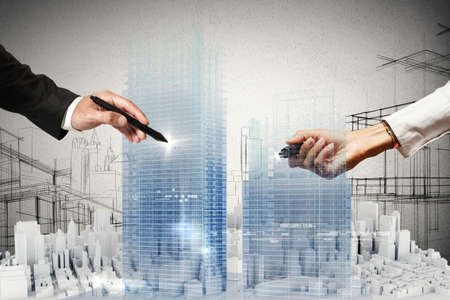 People business draws a project in 3D People business draws a project in 3D