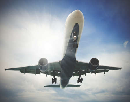 A plane flying high in the sky